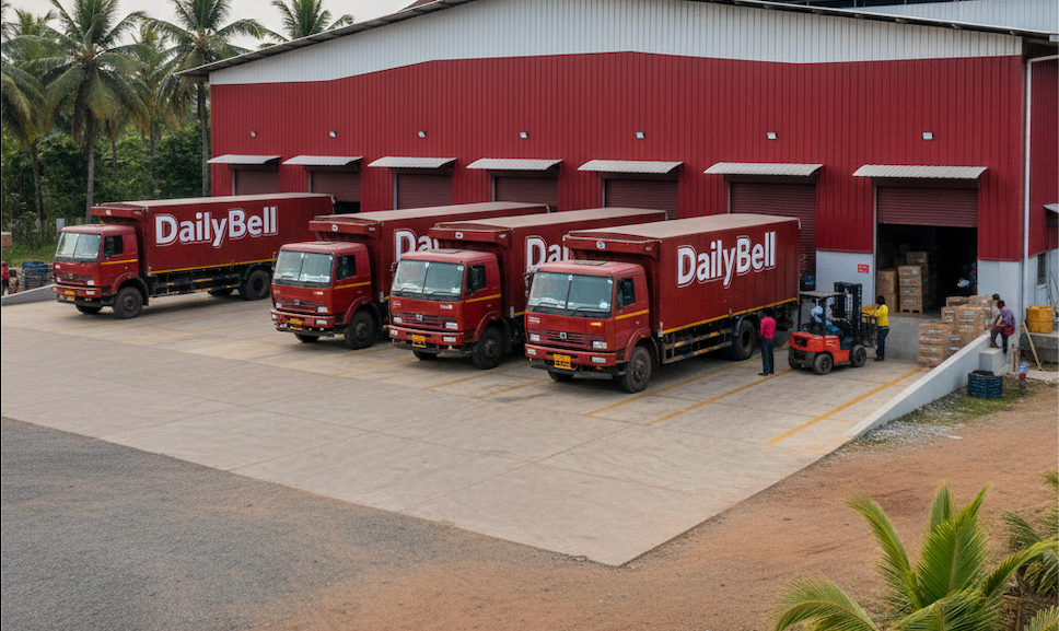DailyBell distribution warehouse with fleet of branded delivery trucks